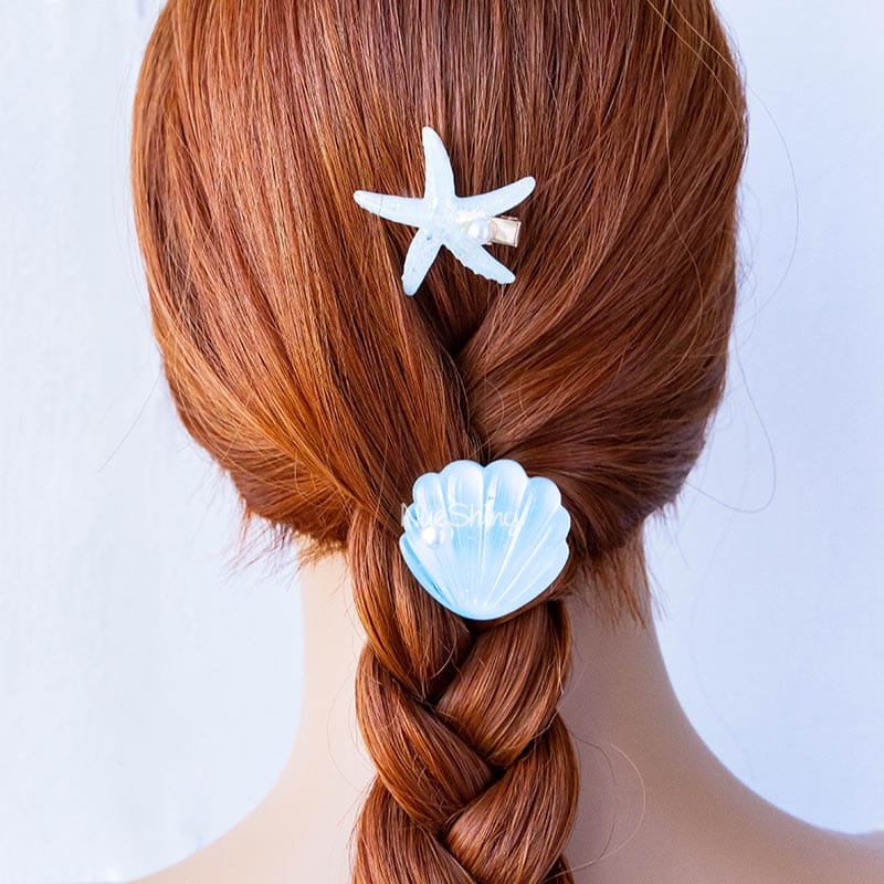 Mini Blue Shell Pearl Starfish Hair Clip Set