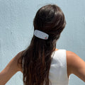 model wearing Ponytail Barrette in Blue Cherry Picnic in hair