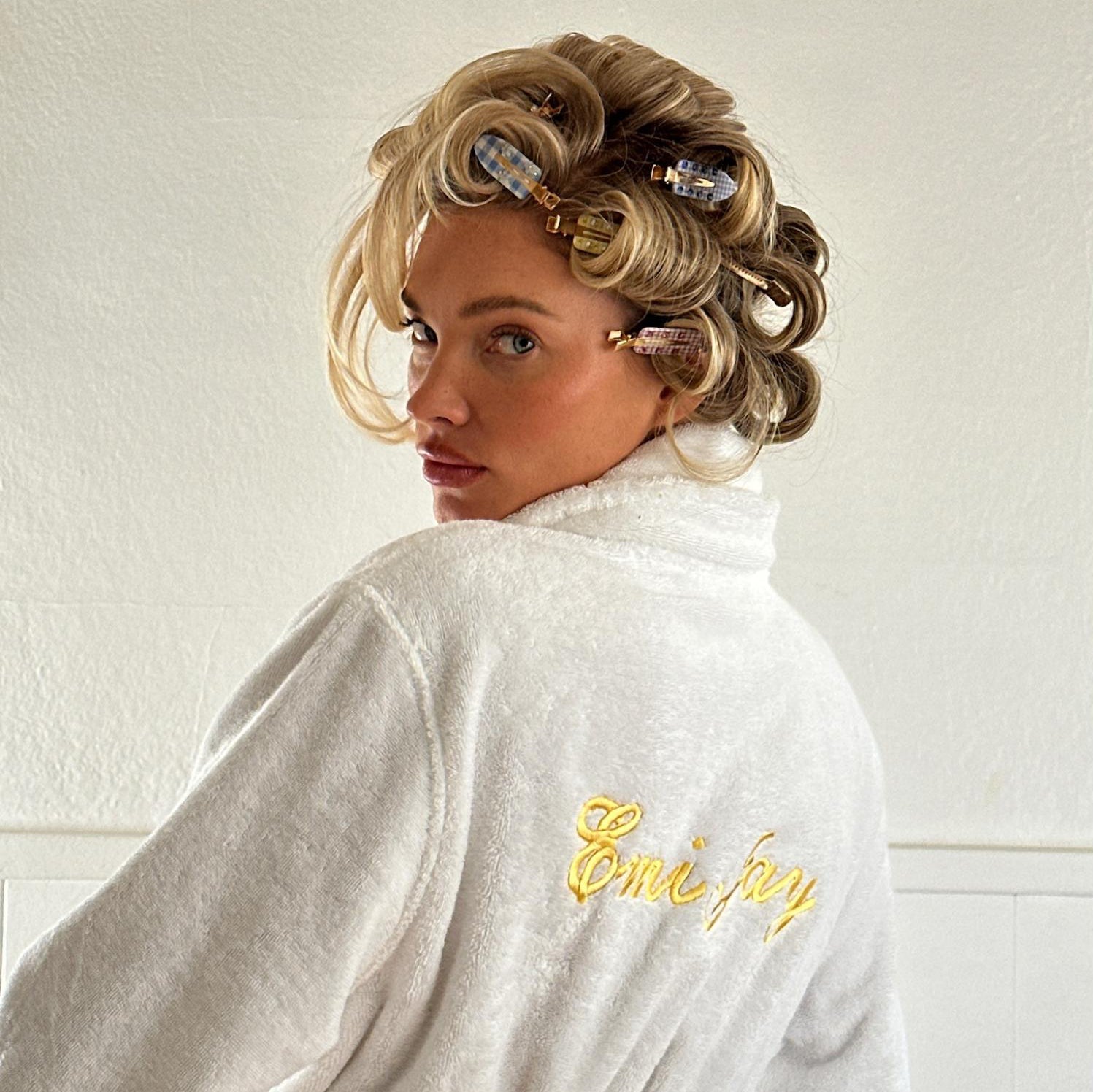 elsa hosk wearing Emi Jay robe and assorted popstar clips in hair
