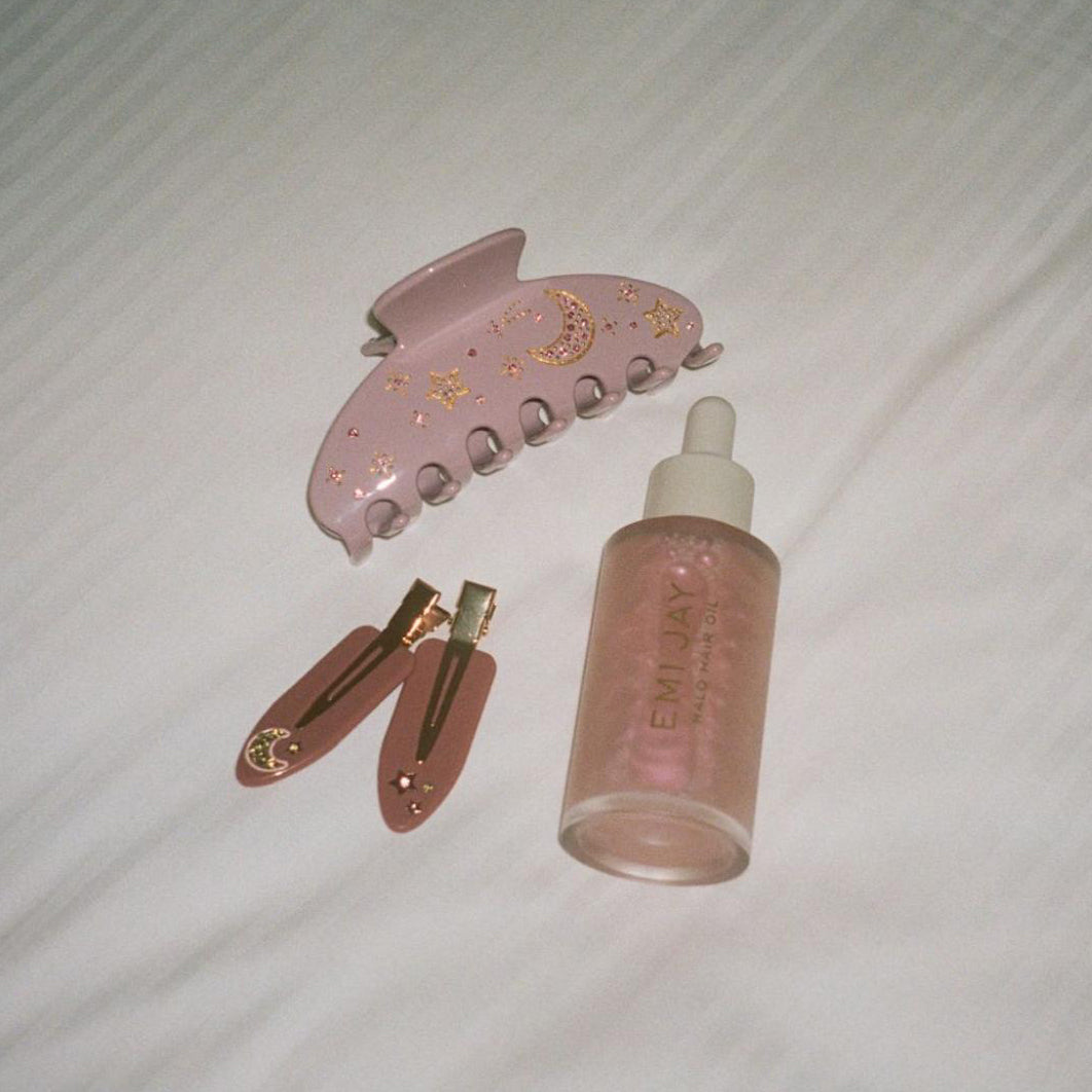 Big Effing Clip in Moonlight with popstar clips in night in and halo hair oil